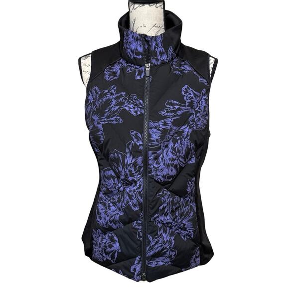 Athleta Inlet Reflective Full Zip Vest Women’s M Black Violet Floral Down Puffer - Picture 1 of 7